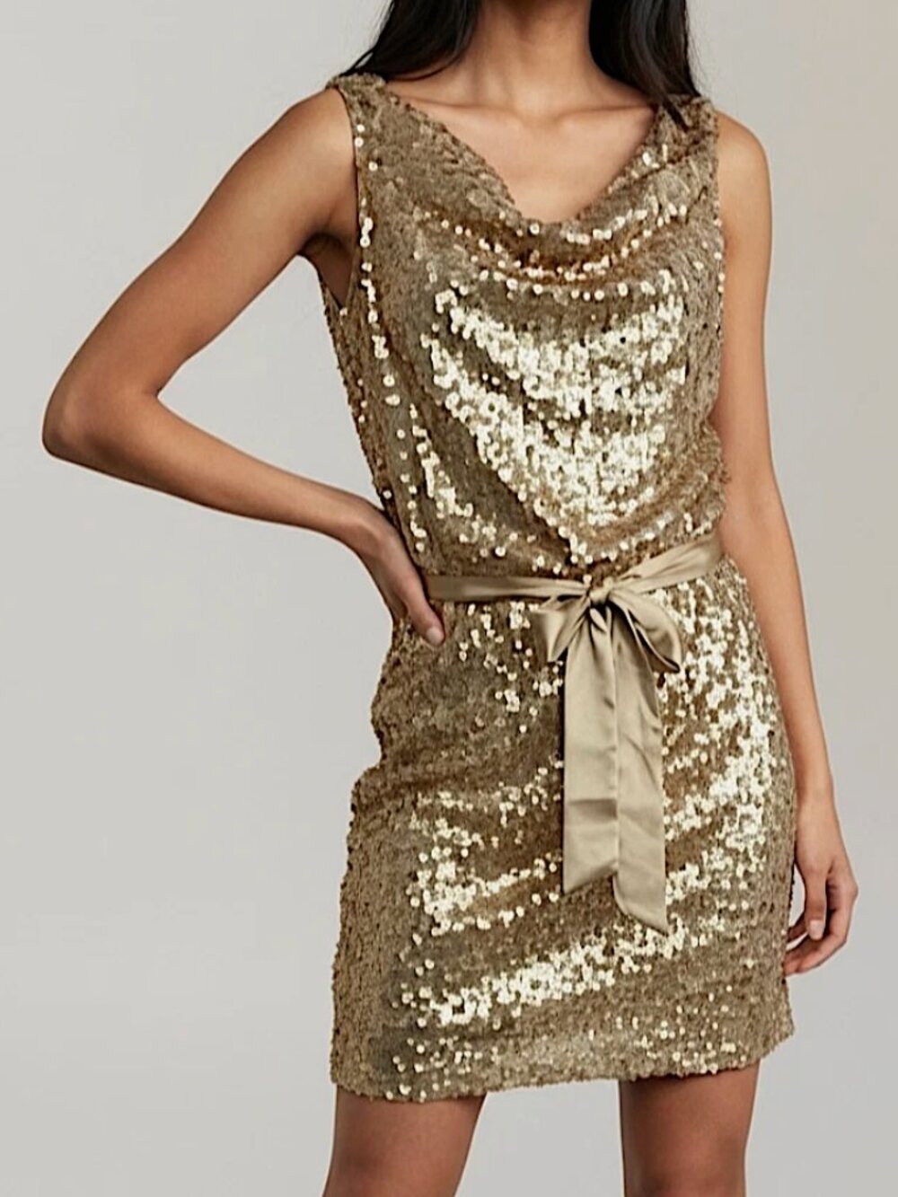 CACHE Draped Neck Sequined Party Dress Sleeveless Belted Gold Cocktail Party